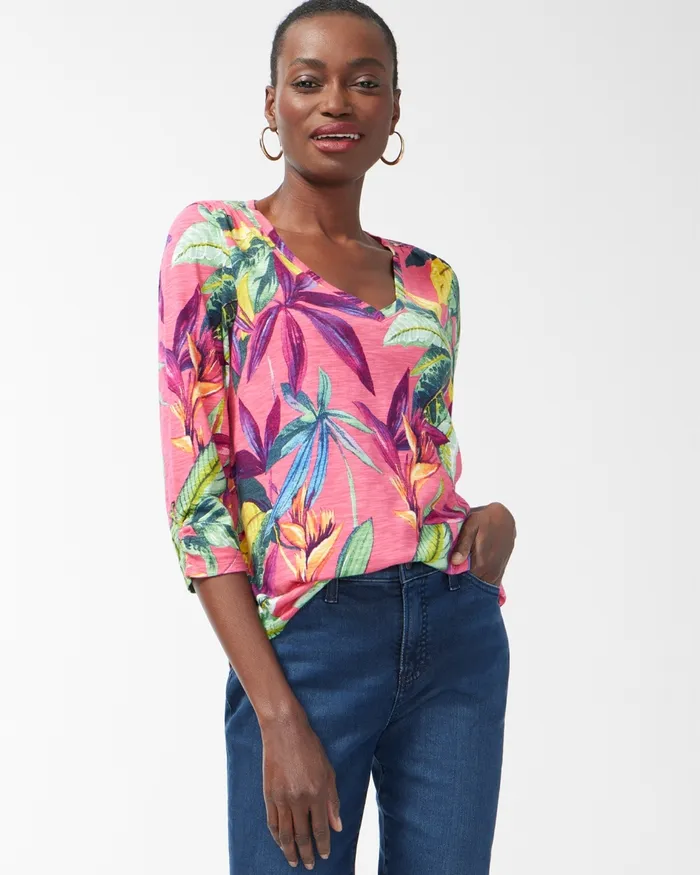 Chico039s Floral Print 34 Sleeve Slub Tee Strawberry Margarita Women Tees