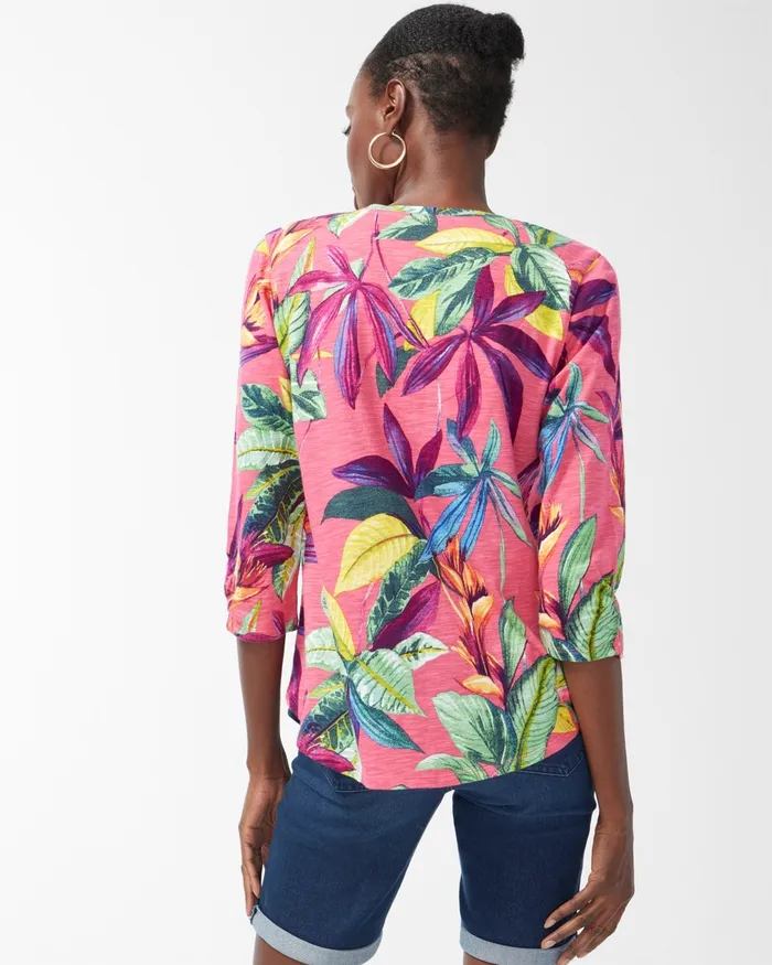 Chico039s Floral Print 34 Sleeve Slub Tee Strawberry Margarita Women Tees
