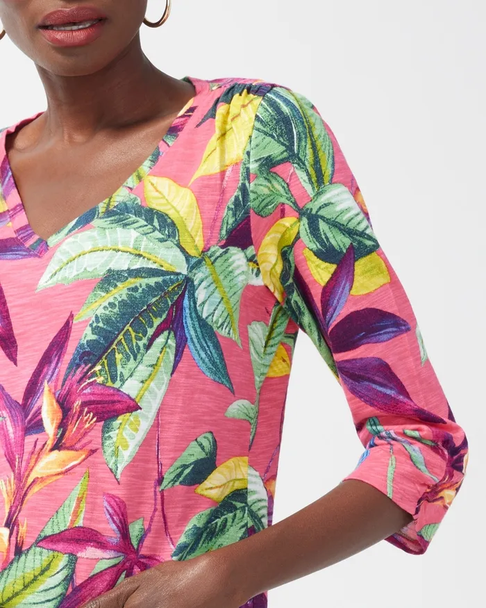 Chico039s Floral Print 34 Sleeve Slub Tee Strawberry Margarita Women Tees