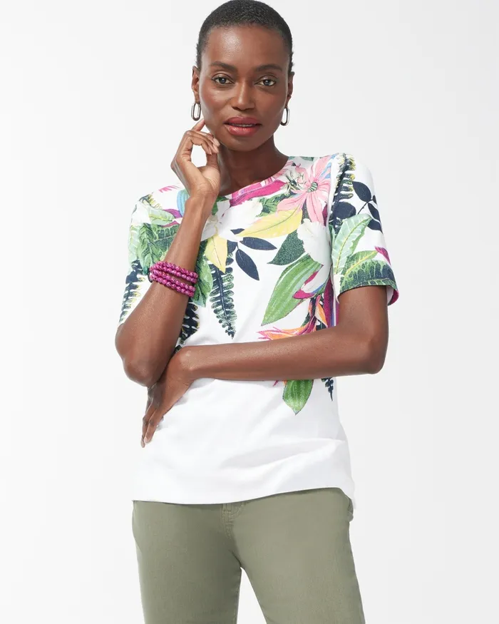 Chico039s Floral Print Cotton Crew Neck Tee Alabaster Women Tees