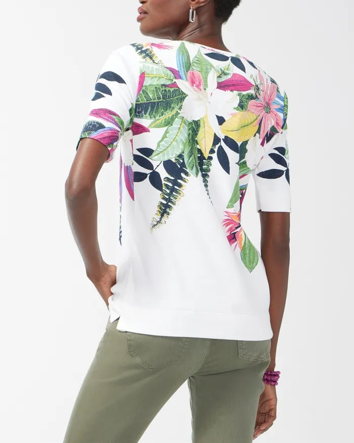 Chico039s Floral Print Cotton Crew Neck Tee Alabaster Women Tees