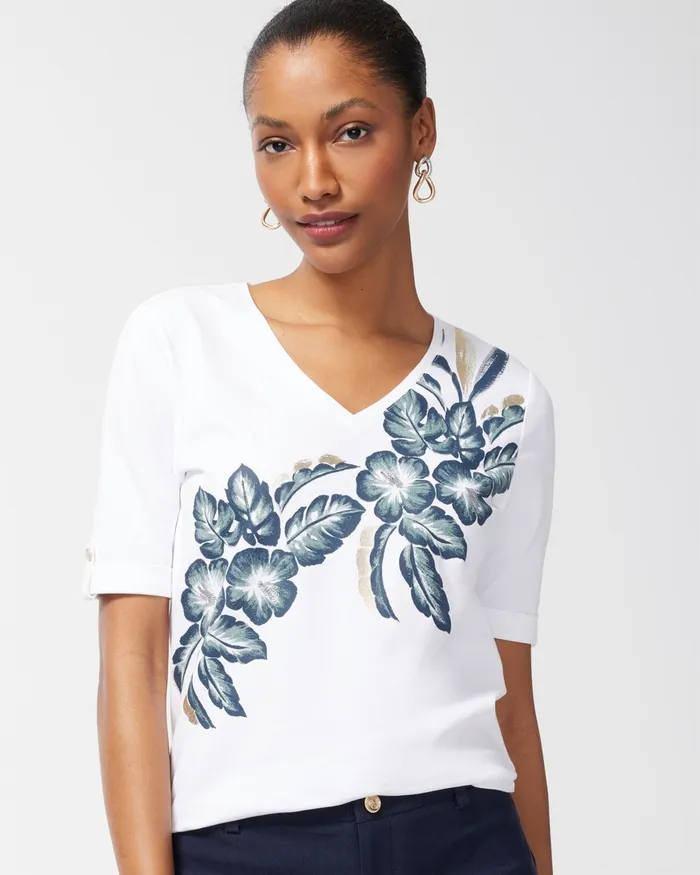 Chico039s Floral Sequin Tee Classic Navy Women Tees