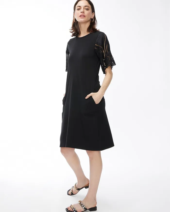 Chico039s Knit Mix Flutter Sleeve Dress Black Women Dresses and Skirts