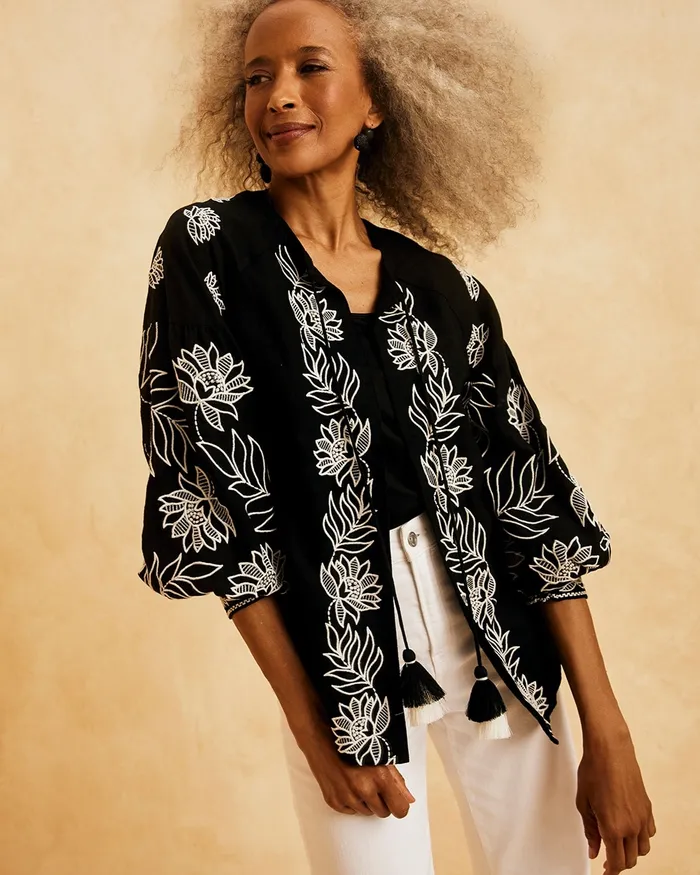 Chico039s Linen Embroidered Blouse Jacket Black Women Jackets and Coats