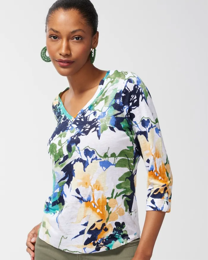 Chico039s Linen Floral 34 Sleeve Tee Classic Navy Women Tees
