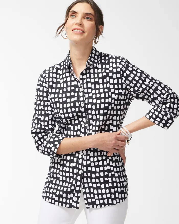 Chico039s No Iron Stretch 34 Sleeve Dot Shirt BlackOptic White Women Tops
