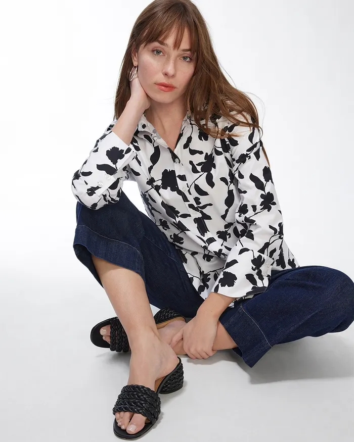 Chico039s No Iron Stretch Black And White Shirt BlackWhite Women Tops