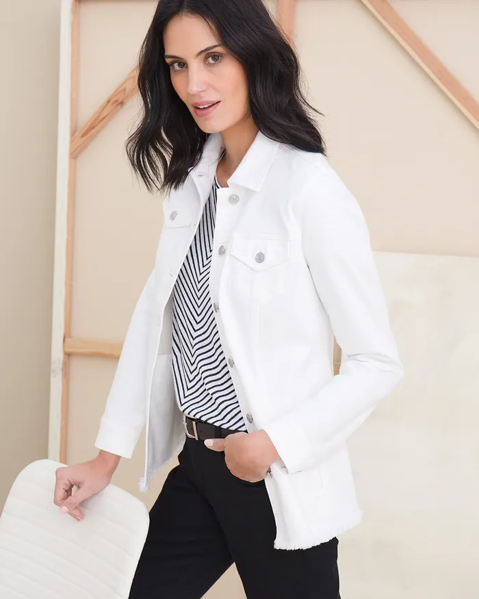 Chico039s No Stain Frayed Hem Denim Jacket Alabaster Women Jackets and Coats