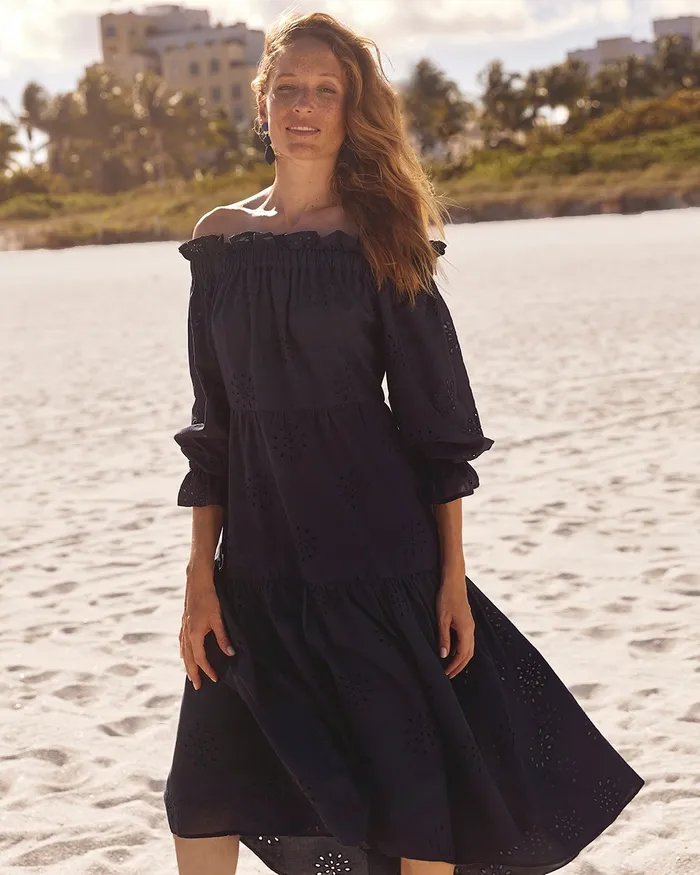Chico039s OffShoulder Tiered Midi Dress Classic Navy Women Dresses and Skirts