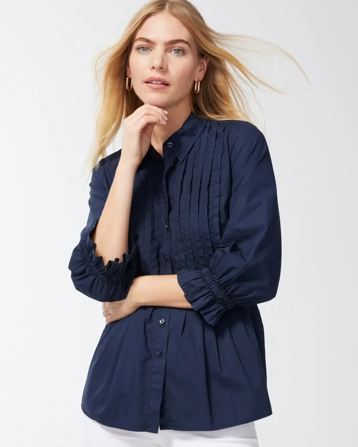 Chico039s Poplin Pintuck Shirt Classic Navy Women Tops