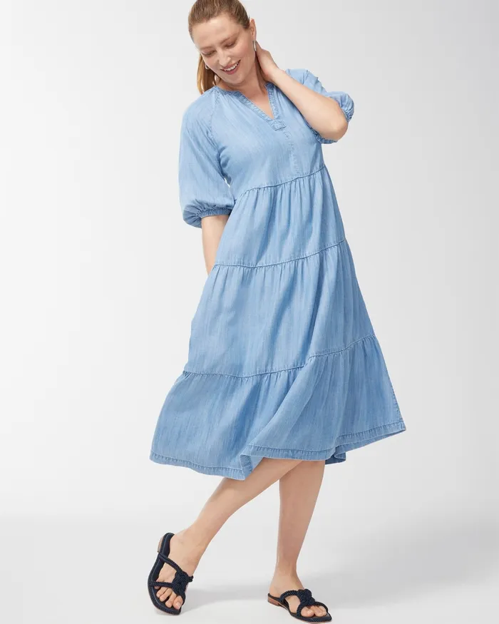 Chico039s Tencel Puff Sleeve Tiered Dress Blush Stone Indigo Women Dresses and Skirts
