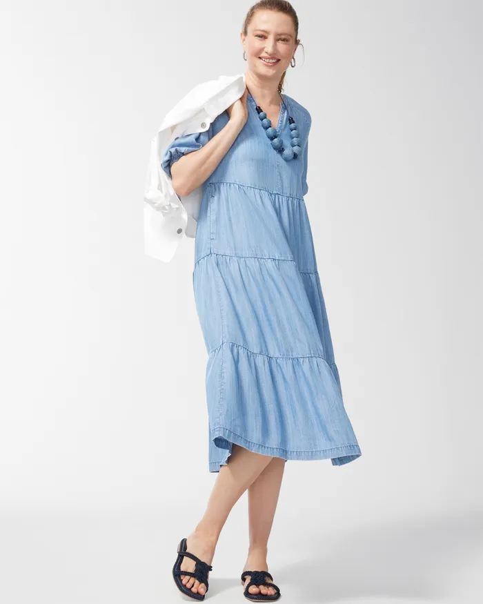 Chico039s Tencel Puff Sleeve Tiered Dress Blush Stone Indigo Women Dresses and Skirts