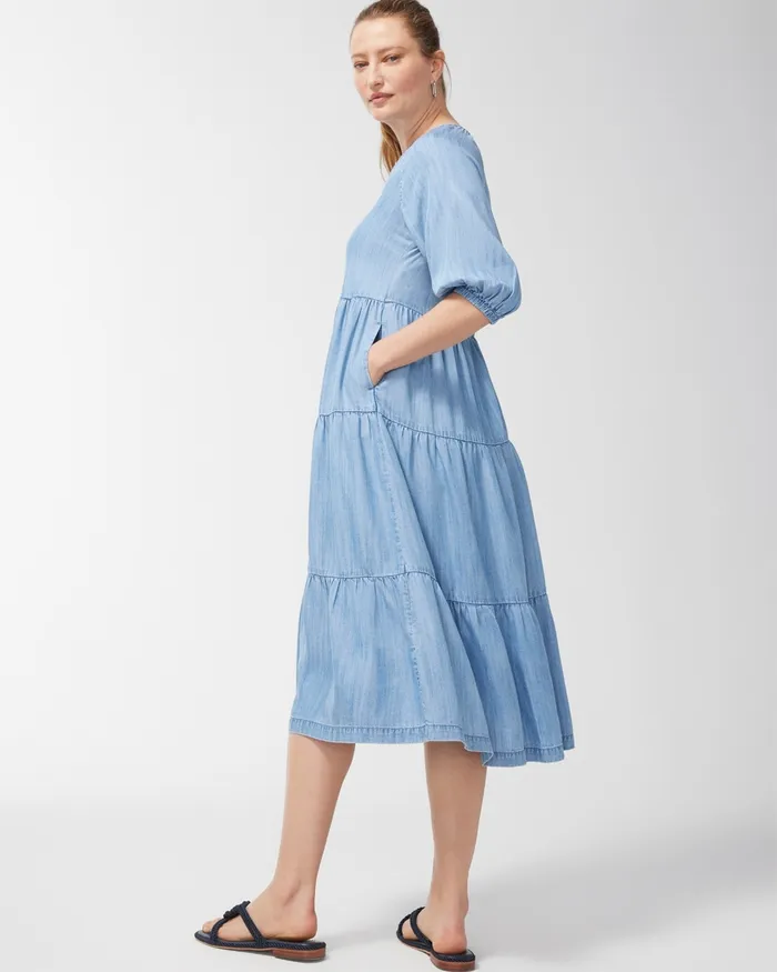 Chico039s Tencel Puff Sleeve Tiered Dress Blush Stone Indigo Women Dresses and Skirts
