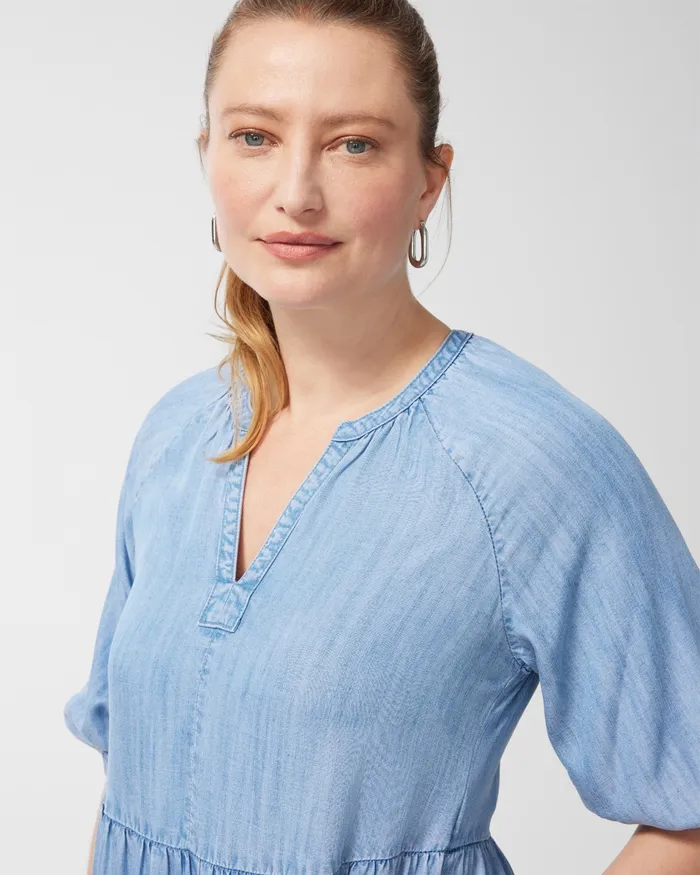 Chico039s Tencel Puff Sleeve Tiered Dress Blush Stone Indigo Women Dresses and Skirts