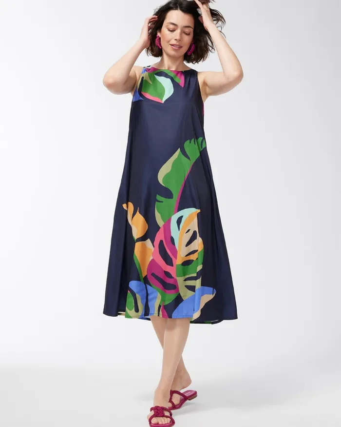 Chico039s TieBack Floral Print Trapeze Dress Classic Navy Women Dresses and Skirts