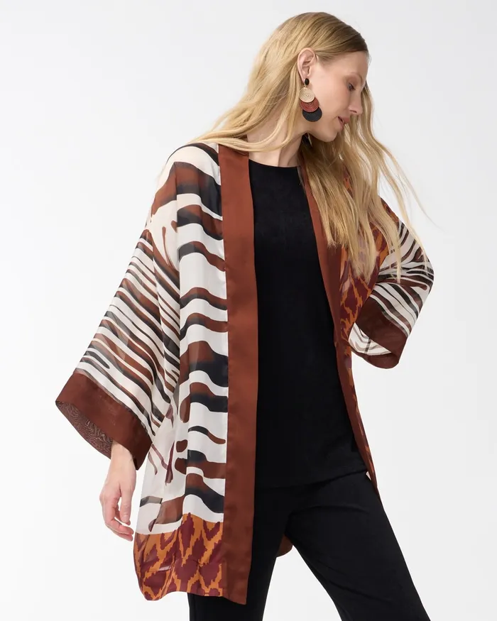 Chico039s Travelers Collection Ikat Burnout Kimono Ecru Women Jackets and Coats