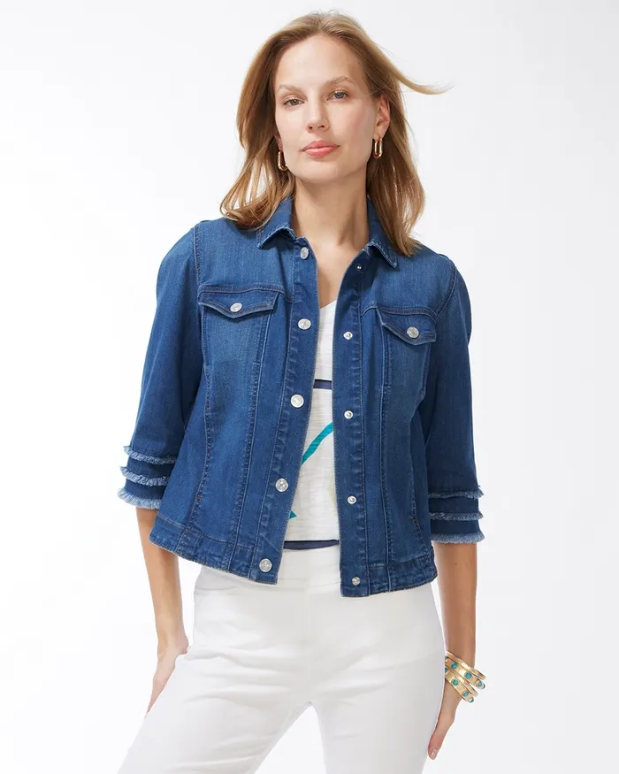 Chico039s Triple Fray Sleeve Denim Jacket Athens Indigo Women Jackets and Coats