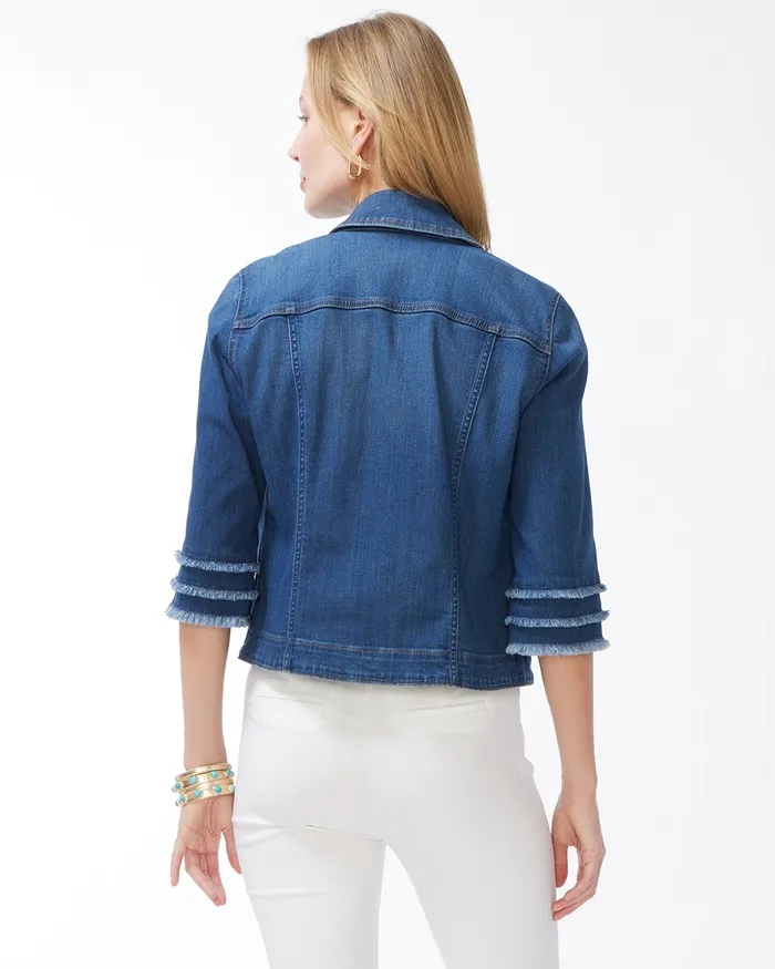 Chico039s Triple Fray Sleeve Denim Jacket Athens Indigo Women Jackets and Coats
