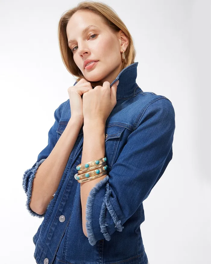 Chico039s Triple Fray Sleeve Denim Jacket Athens Indigo Women Jackets and Coats