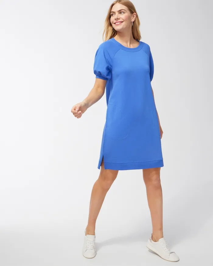 Chico039s Zenergy French Terry Puff Sleeve Dress Amparo Blue Women Activewear
