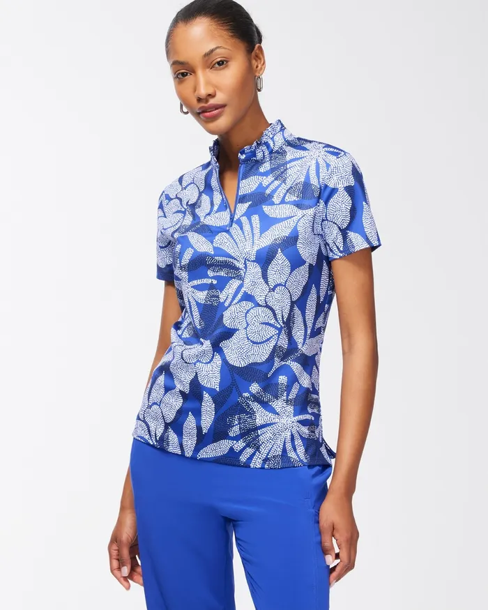 Chico039s Zenergy UPF Floral Ruffle Neck Polo Blue Grotto Women Tops