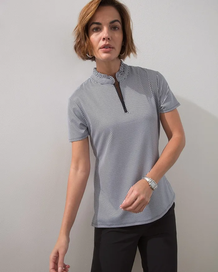 Chico039s Zenergy UPF Stripe Ruffle Collar Polo Black Women Activewear