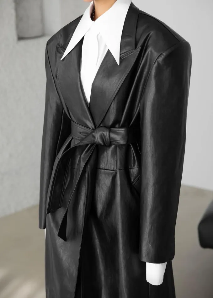 Clothing Women The Frankie Shop Connie Faux Leather Belted Trench Coat 8211 Black