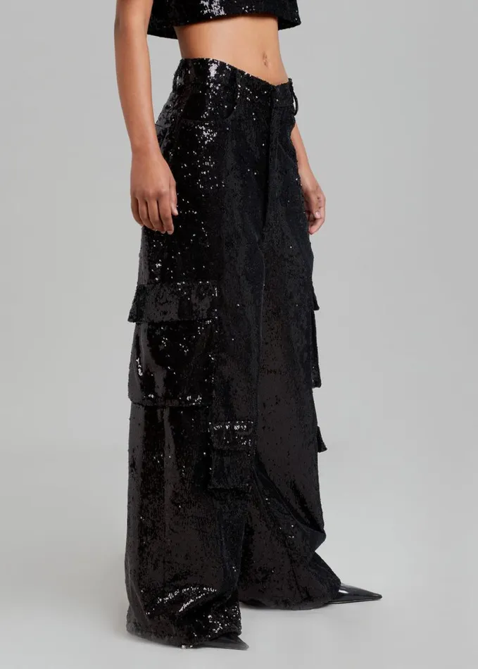 Clothing Women The Frankie Shop Donna Oversized Cargo Pants 8211 Black Sequins