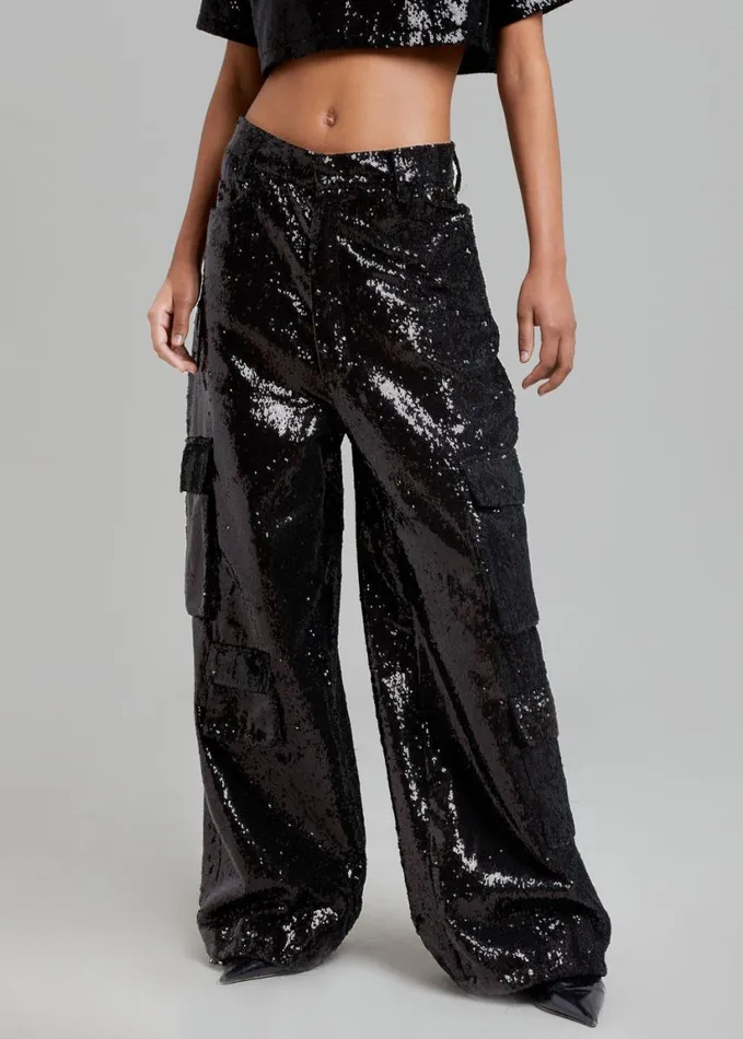 Clothing Women The Frankie Shop Donna Oversized Cargo Pants 8211 Black Sequins