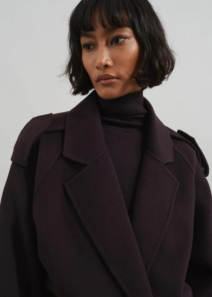Clothing Women The Frankie Shop Elys Short Wool Trench 8211 Dark Plum