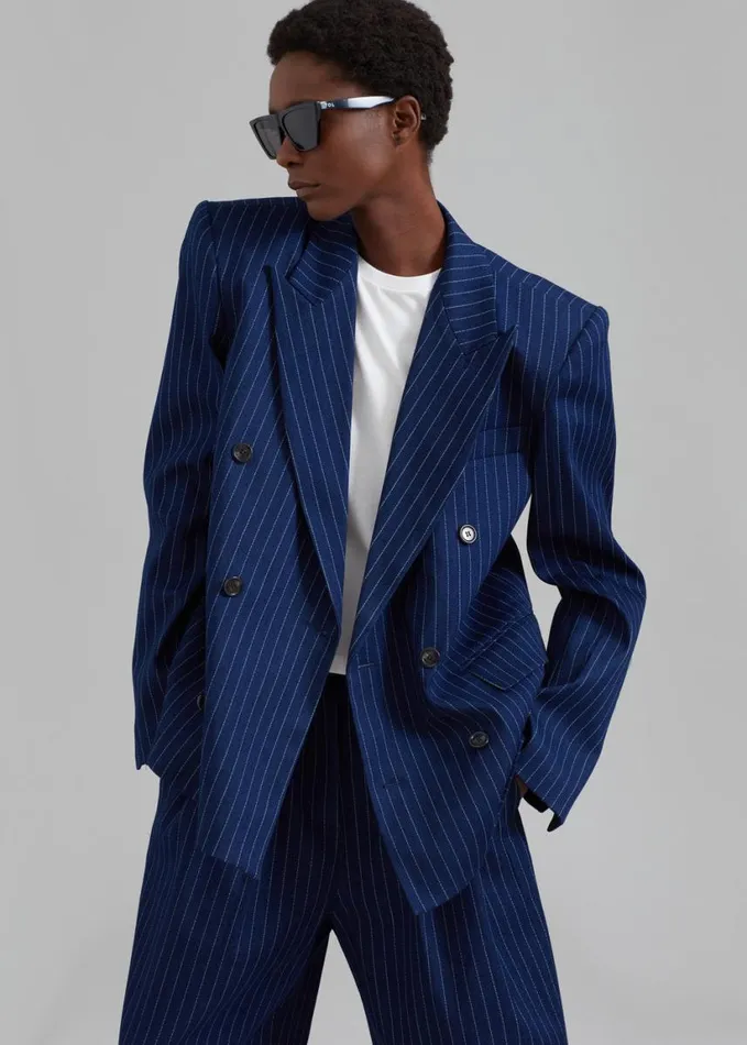 Clothing Women The Frankie Shop Fargo Oversized Denim Padded Blazer 8211 Navy Pinstripe