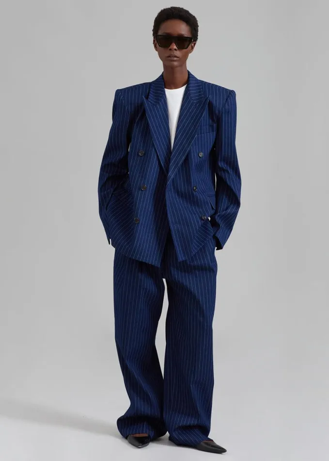 Clothing Women The Frankie Shop Fargo Oversized Denim Padded Blazer 8211 Navy Pinstripe