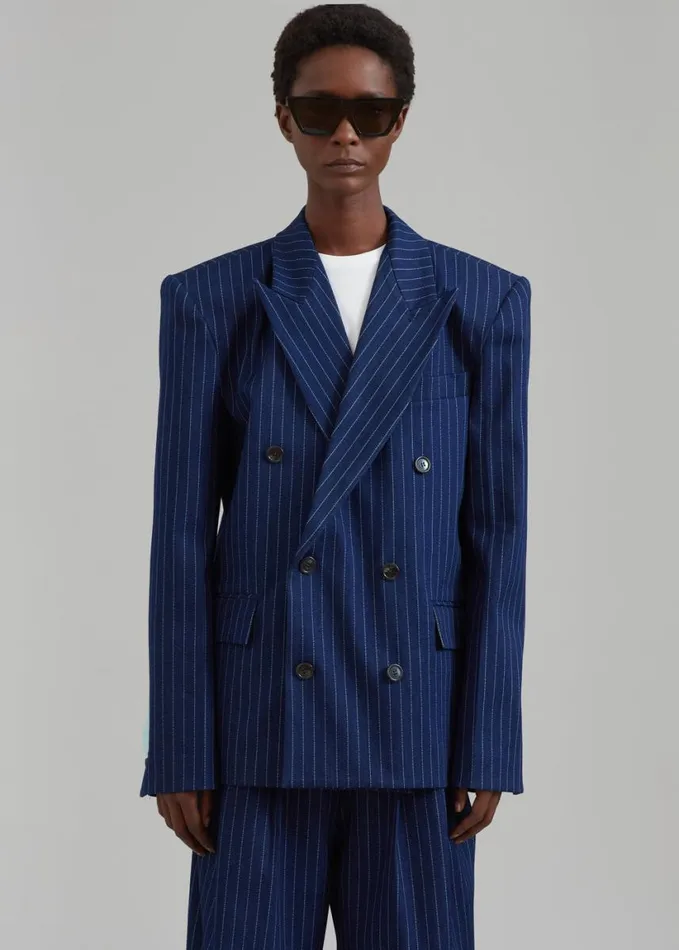 Clothing Women The Frankie Shop Fargo Oversized Denim Padded Blazer 8211 Navy Pinstripe