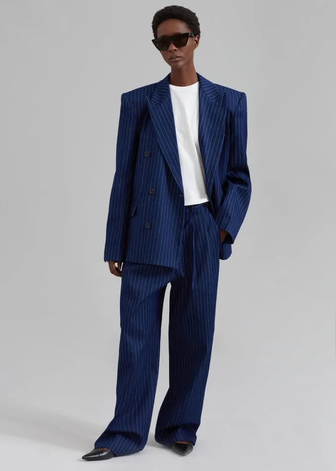 Clothing Women The Frankie Shop Fargo Oversized Denim Padded Blazer 8211 Navy Pinstripe