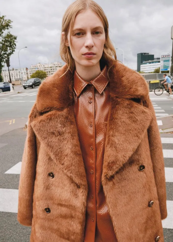 Clothing Women The Frankie Shop Joni Faux Fur Coat 8211 Dark Camel