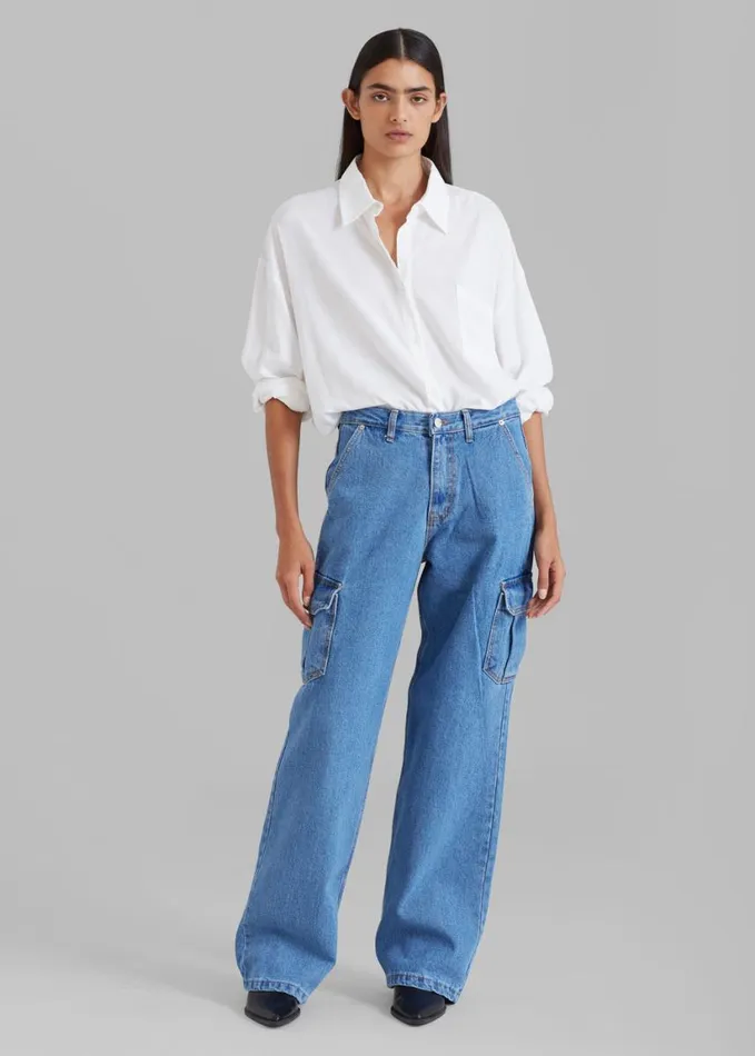 Clothing Women The Frankie Shop Kai Cargo Denim Pants 8211 Blue Denim