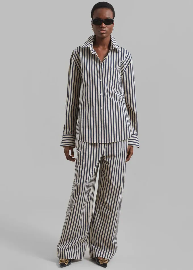 Clothing Women The Frankie Shop Mirca Textured Elastic Pants 8211 BeigeNavy Multi Stripe