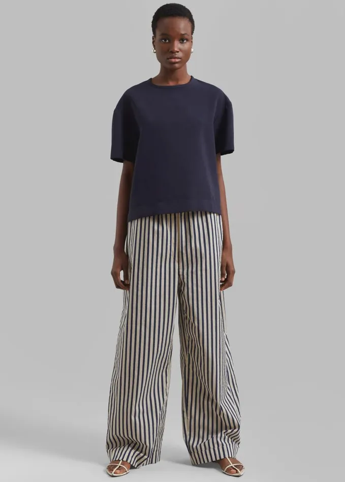 Clothing Women The Frankie Shop Mirca Textured Elastic Pants 8211 BeigeNavy Multi Stripe