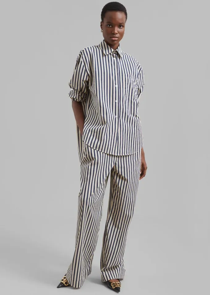Clothing Women The Frankie Shop Mirca Textured Elastic Pants 8211 BeigeNavy Multi Stripe