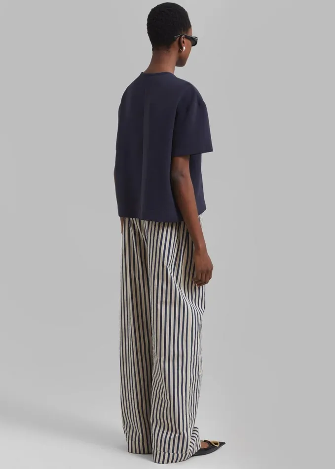 Clothing Women The Frankie Shop Mirca Textured Elastic Pants 8211 BeigeNavy Multi Stripe