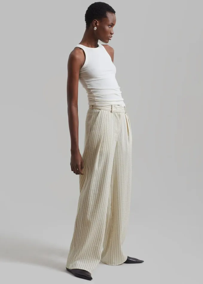 Clothing Women The Frankie Shop Ripley Pleated Twill Trousers 8211 Light BeigeBlack Pinstripe