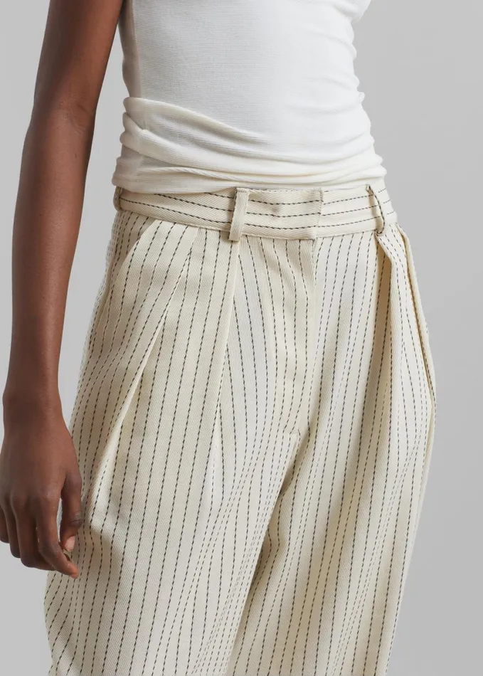 Clothing Women The Frankie Shop Ripley Pleated Twill Trousers 8211 Light BeigeBlack Pinstripe