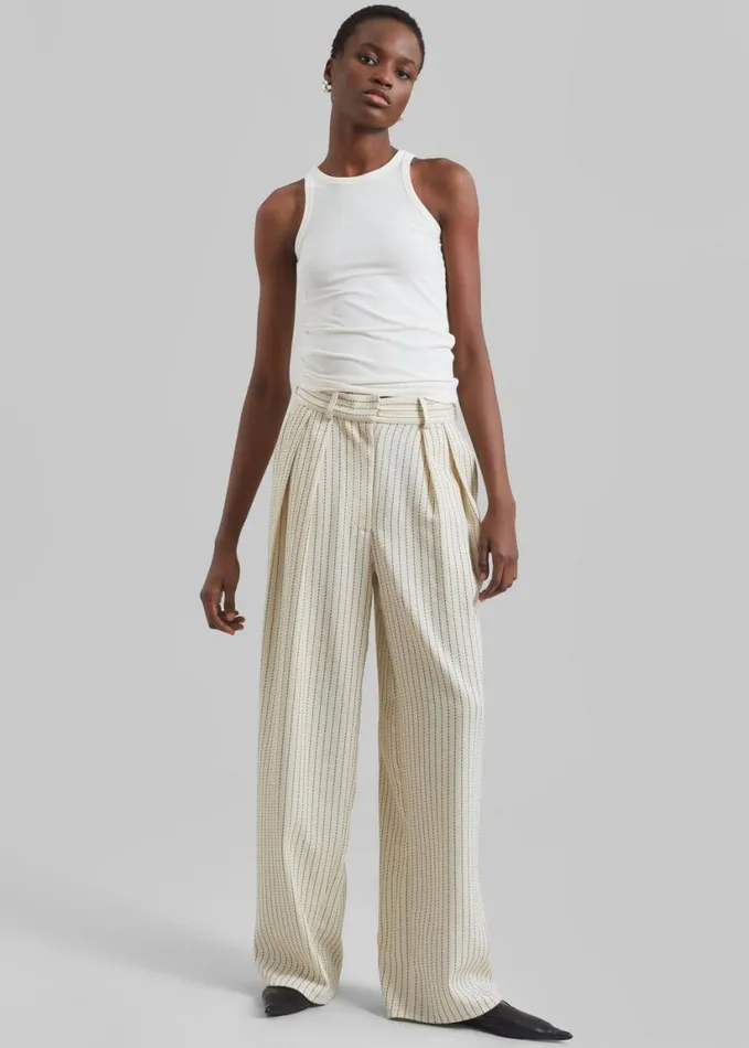 Clothing Women The Frankie Shop Ripley Pleated Twill Trousers 8211 Light BeigeBlack Pinstripe