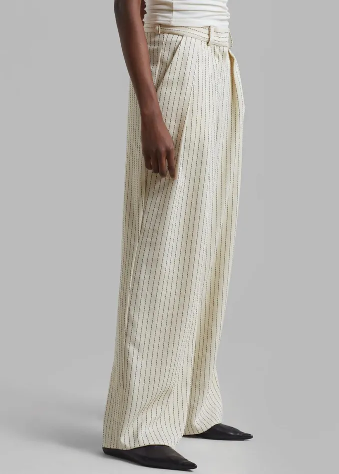 Clothing Women The Frankie Shop Ripley Pleated Twill Trousers 8211 Light BeigeBlack Pinstripe
