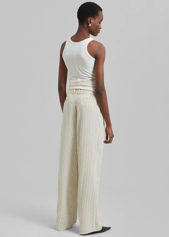Clothing Women The Frankie Shop Ripley Pleated Twill Trousers 8211 Light BeigeBlack Pinstripe