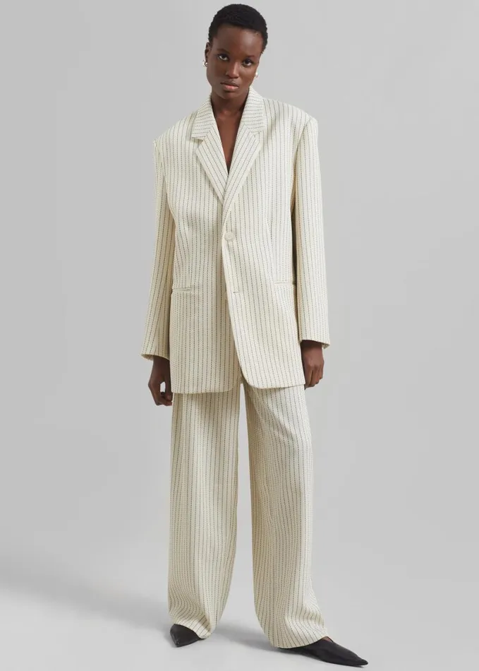 Clothing Women The Frankie Shop Ripley Pleated Twill Trousers 8211 Light BeigeBlack Pinstripe