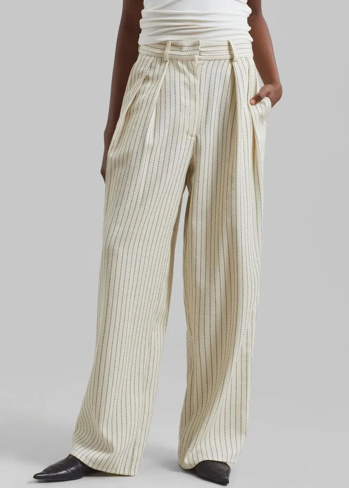 Clothing Women The Frankie Shop Ripley Pleated Twill Trousers 8211 Light BeigeBlack Pinstripe