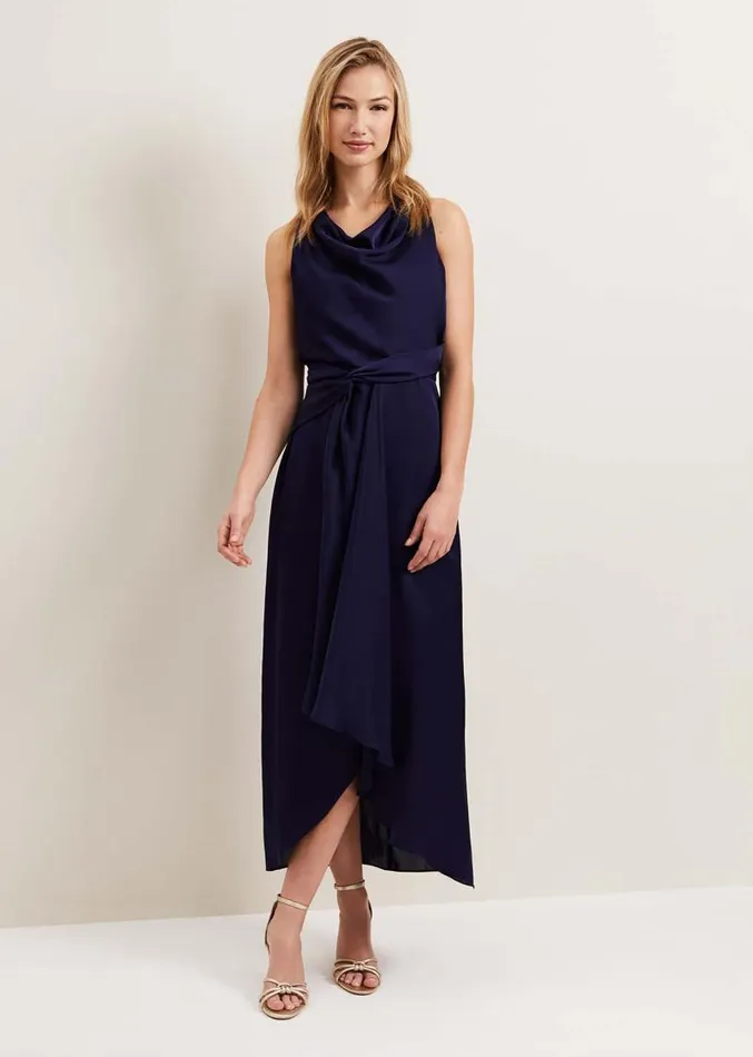 Daliah High Neck Satin Midi Dress Navy Women Phase Eight Dresses