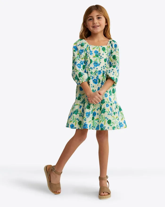 Draper James Girls Smocked Long Sleeve Dress In Linen Women Dresses