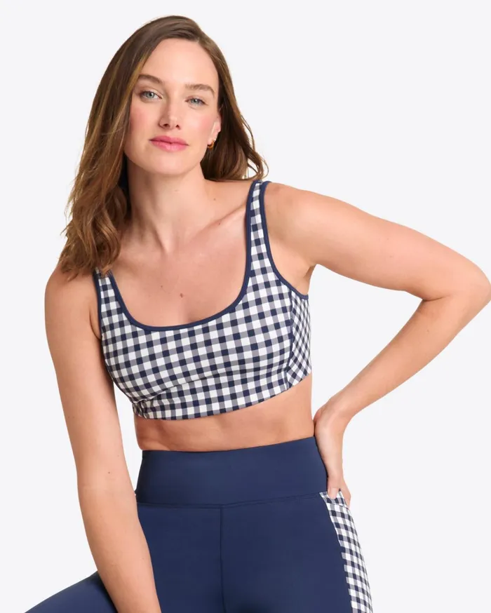 Draper James Sports Bra In Navy Gingham Women DJ X Tretorn